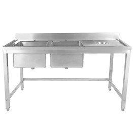 Évier double professionnel en acier inoxydable avec 2 bacs à gauche et trou de raclage à droite + dosseret 1800 x 600 x 950 mm | Adexa WHSTT1860L