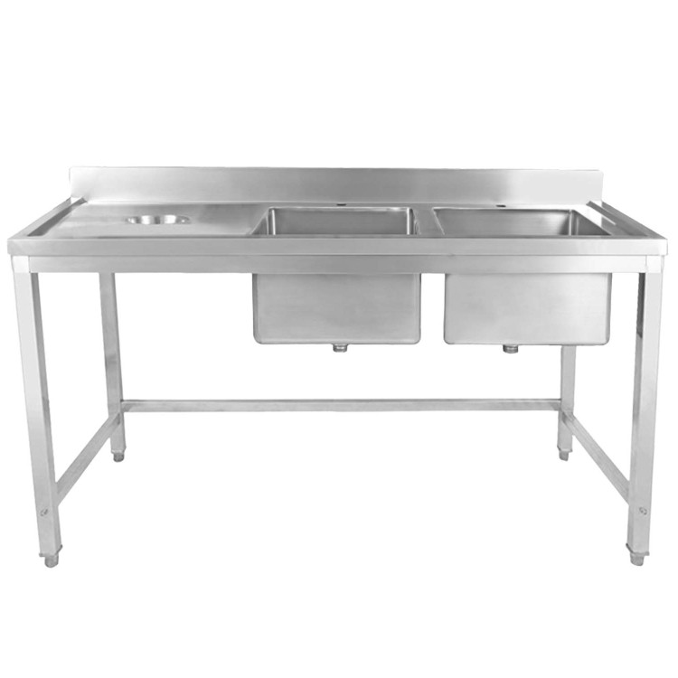 Évier double commercial en acier inoxydable avec 2 cuves à droite et trou de raclage à gauche + dosseret 1800 x 600 x 950 mm | Adexa WHSTT1860R