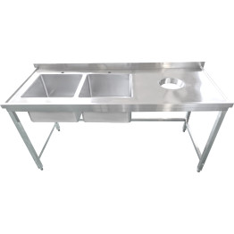 Évier double commercial en acier inoxydable avec 2 cuves à gauche et trou de raclage à droite + dosseret 1800 x 700 x 950 mm | Adexa WHSTT1870L
