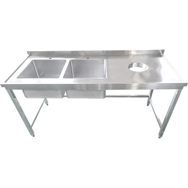 Évier double commercial en acier inoxydable avec 2 cuves à gauche et trou de raclage à droite + dosseret 1800 x 700 x 950 mm | Adexa WHSTT1870L