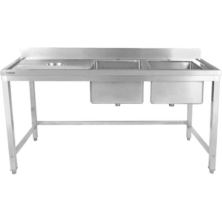 Évier double commercial en acier inoxydable avec 2 cuves à droite et trou de raclage à gauche + dosseret 1800 x 700 x 950 mm | Adexa WHSTT1870R