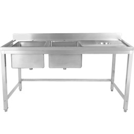 Évier double commercial en acier inoxydable avec 2 cuves à gauche et trou de raclage à droite + dosseret 2000 x 600 x 950 mm | Adexa WHSTT2060L