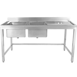 Évier double commercial en acier inoxydable avec 2 cuves à gauche et trou de raclage à droite + dosseret 2000 x 700 x 950 mm | Adexa WHSTT2070L