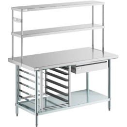 Table de travail commerciale en acier inoxydable avec étagère supérieure, tiroir et support pour casseroles GN 1500 x 700 x 1700 mm | Adexa WT70150PS