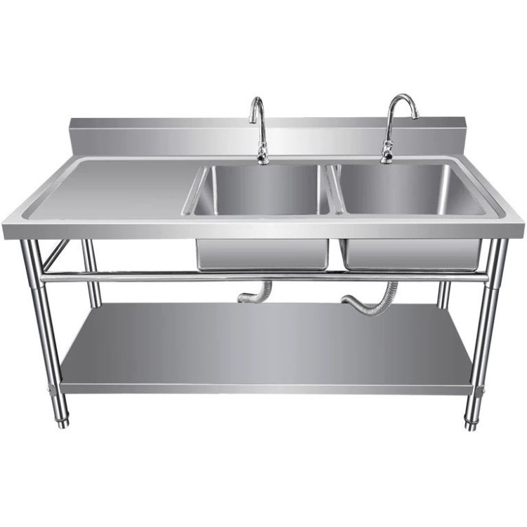 Évier commercial de catégorie B en acier inoxydable 1400 x 600 x 850 mm, 2 cuves, dosseret à droite et étagère inférieure | Adexa WUDBS14060RIGHT, catégorie B