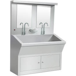 Évier double commercial en acier inoxydable avec miroirs, commandes à pédale et double robinetterie 1200 x 600 x 1800 mm | Adexa YYKY1261 Évier double commercial en acier inoxydable avec miroirs, commandes à pédale et double robinetterie 1200 x 600 x 1800 mm | Adexa YYKY1261