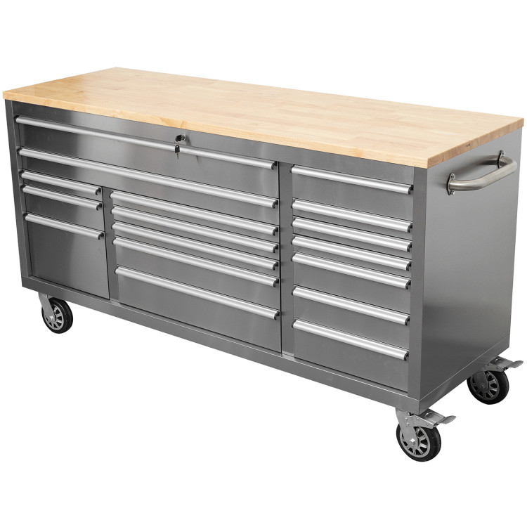 Coffre à outils roulant robuste et large de 183 cm (72 po) en acier inoxydable avec plateau en bois et 17 tiroirs (1978 x 610 x 1000 mm) argenté | Adexa YZM106