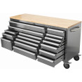 Coffre à outils roulant robuste et large de 183 cm (72 po) en acier inoxydable avec plateau en bois et 17 tiroirs (1978 x 610 x 1000 mm) argenté | Adexa YZM106