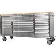 Coffre à outils roulant robuste et large de 183 cm (72 po) en acier inoxydable avec plateau en bois et 17 tiroirs (1978 x 610 x 1000 mm) argenté | Adexa YZM106