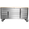 Coffre à outils roulant robuste et large de 183 cm (72 po) en acier inoxydable avec plateau en bois et 17 tiroirs (1978 x 610 x 1000 mm) argenté | Adexa YZM106