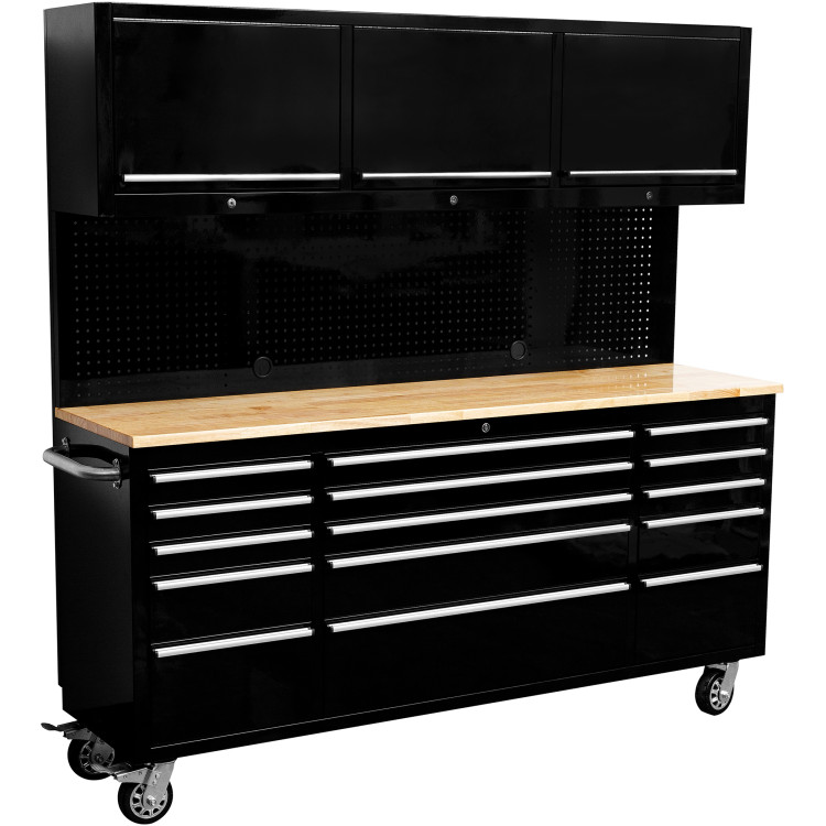 Coffre à outils roulant robuste en acier de 183 cm (72 po) avec plateau en bois, armoire supérieure et panneau perforé, 15 tiroirs, 1978 x 515 x 1828 mm, noir | Adexa YZM112