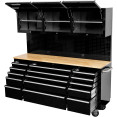 Coffre à outils roulant robuste en acier de 183 cm (72 po) avec plateau en bois, armoire supérieure et panneau perforé, 15 tiroirs, 1978 x 515 x 1828 mm, noir | Adexa YZM112