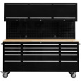 Coffre à outils roulant robuste en acier de 183 cm (72 po) avec plateau en bois, armoire supérieure et panneau perforé, 15 tiroirs, 1978 x 515 x 1828 mm, noir | Adexa YZM112