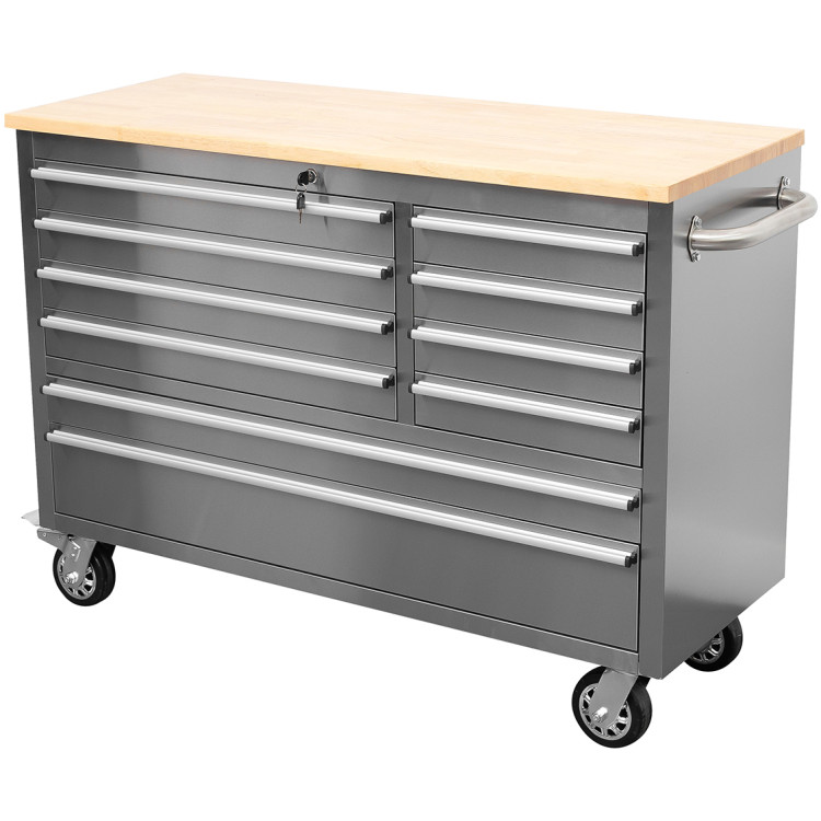 Coffre à outils roulant robuste en acier inoxydable 48" avec plateau en bois, 10 tiroirs, 1369 x 486 x 909 mm, argent | Adexa YZM122