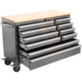 Coffre à outils roulant robuste en acier inoxydable 48" avec plateau en bois, 10 tiroirs, 1369 x 486 x 909 mm, argent | Adexa YZM122
