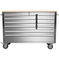 Coffre à outils roulant robuste en acier inoxydable 48" avec plateau en bois, 10 tiroirs, 1369 x 486 x 909 mm, argent | Adexa YZM122