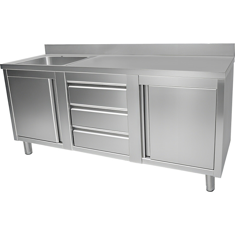Évier commercial avec 2 placards et 3 tiroirs, 1 cuve, dosseret à gauche, inox, 1800 x 600 x 950 mm | Adexa VSC186LBS3MD